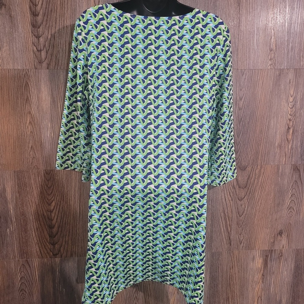 Melly M Geometric Resortwear Dress Size Large Green/Blue Cooling Stretch 3/4 Slv - Picture 7 of 9